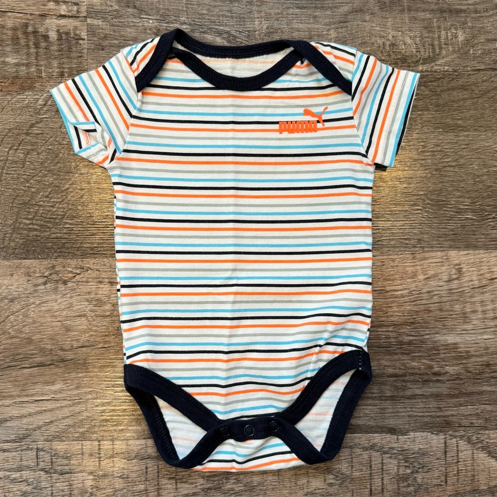 Puma Baby Boy Striped Orange and Blue Short Sleeve Bodysuit Size 0-3 Months